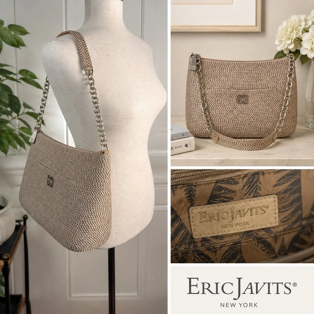 Eric Javits Powchky Shoulder Bag Womens Beige Woven Coastal Resort Chain Strap